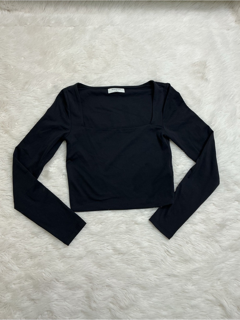 Babaton - Black Square-Neck Long Sleeve Cropped Top - Sz Small - Picture 3 of 9